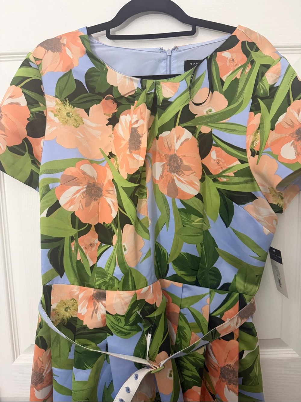 Tahari ASL Women's Green Floral Belted Pleated Short-Sleeve Fit & Flare Dress 16 - Picture 6 of 10